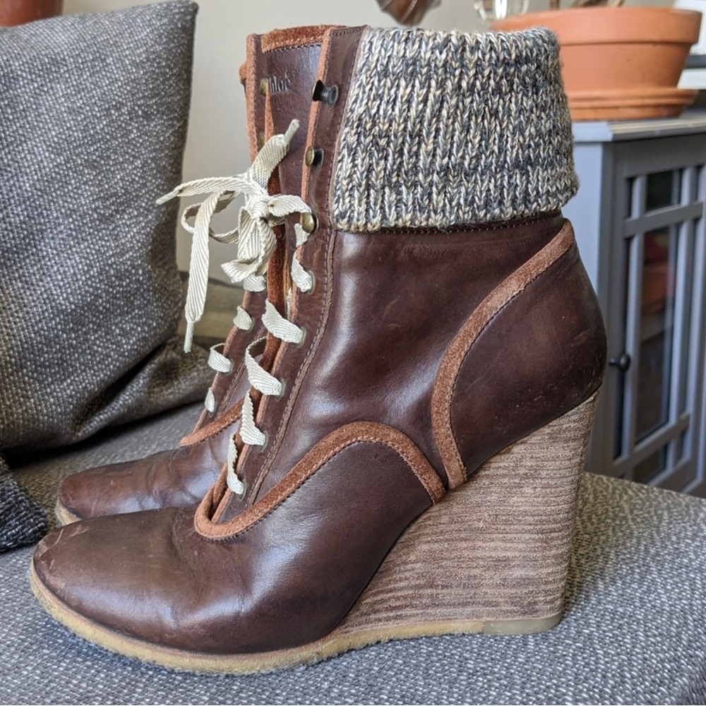 Chloe short Italian leather boots with wood wedge and knit cuff